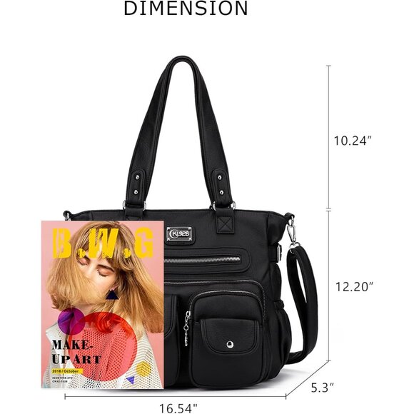 Fashionable Vegan Leather Large Tote Handbag with Detachable Strap - 16.54 inch - Picture 2 of 6